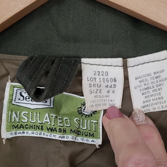 Vintage Sears Insulated Work Shop Coverall Overalls Olive 44R Chest 52 waist 42 - Picture 2 of 13